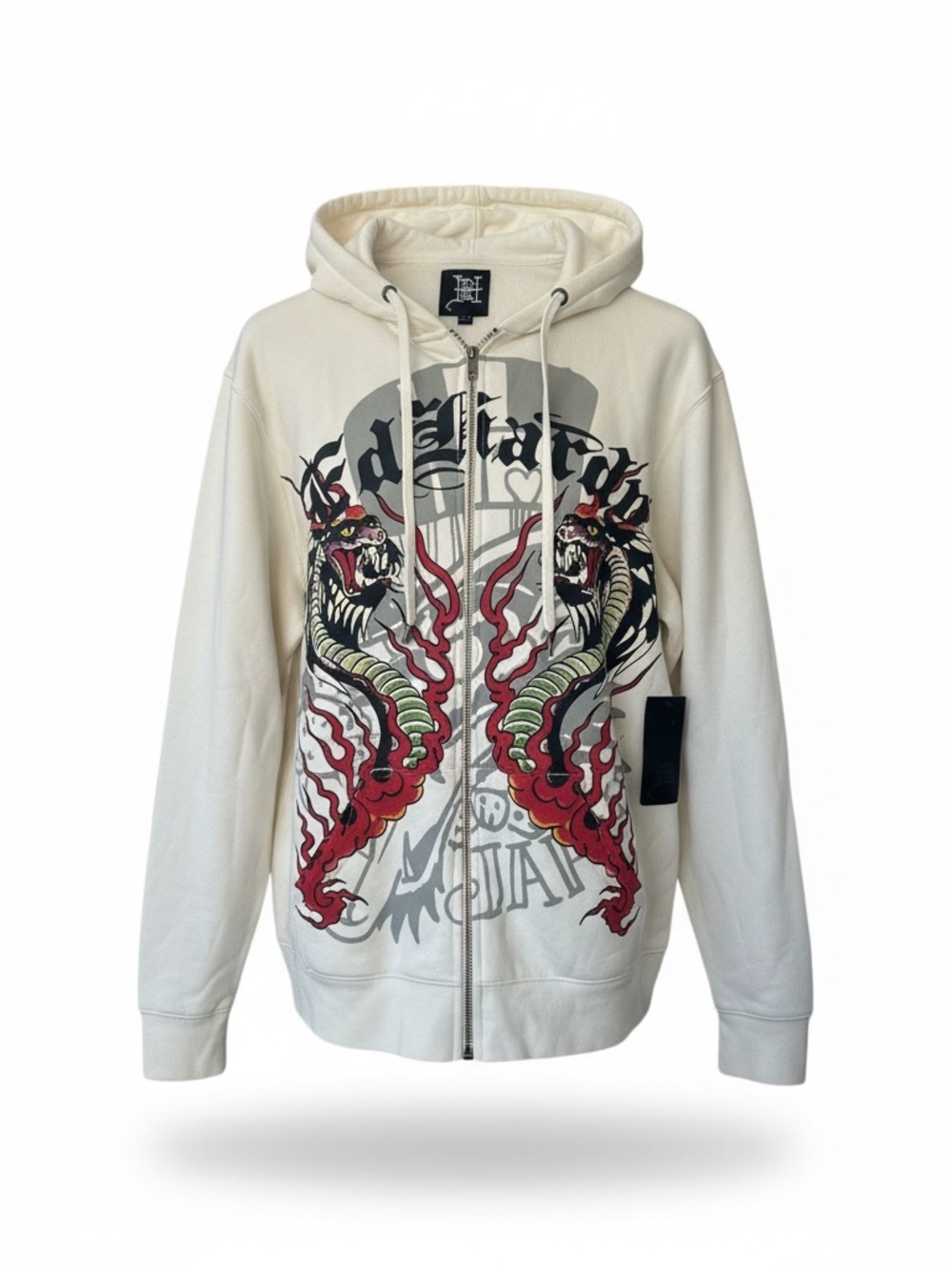 Ed Hardy Cream Zip-Up Hoodie with Twin Dragon Graphic